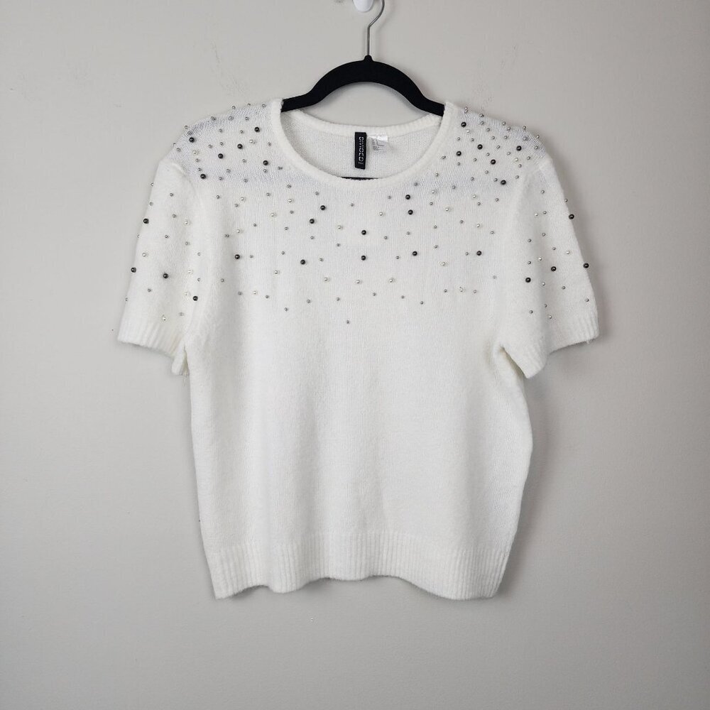 Divided by H & M white short sleeve top beaded soft fuzzy sz M New